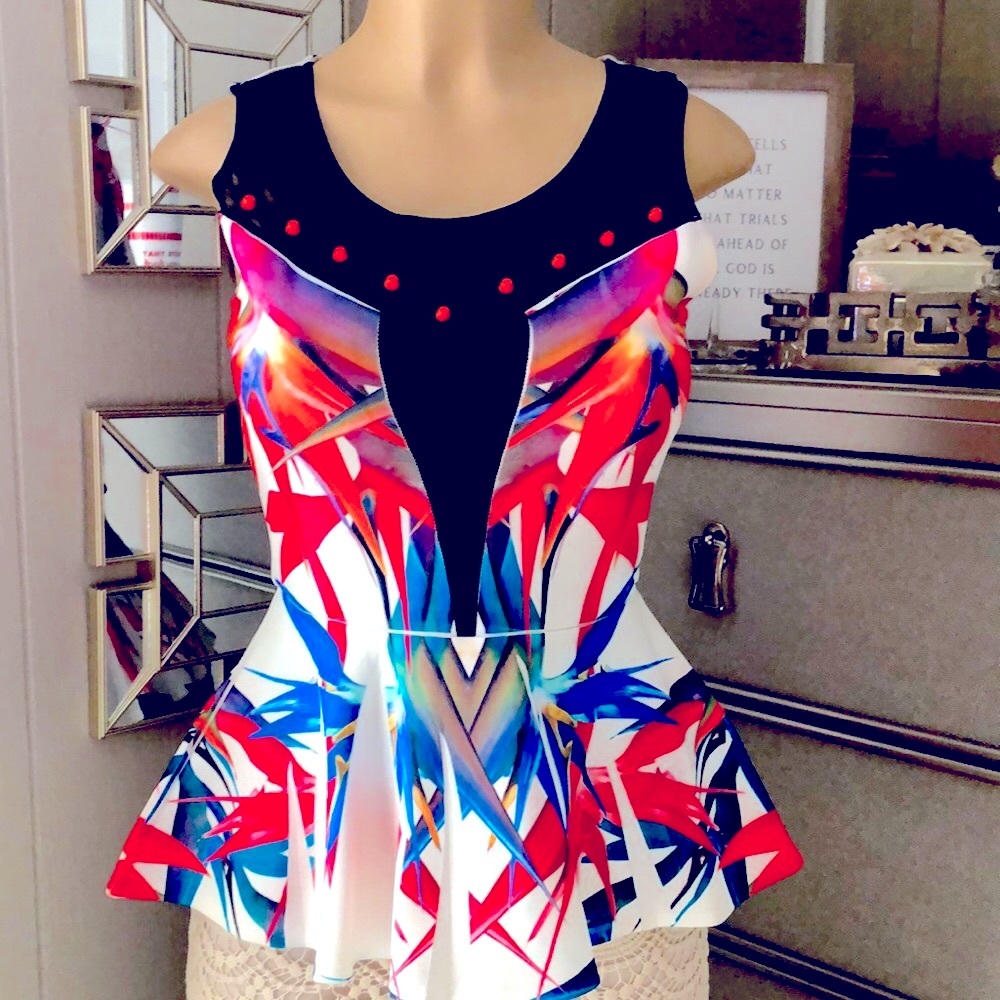 NWT Mauve Colorful Peplum Top w/ Mesh Deep-Cut Top
